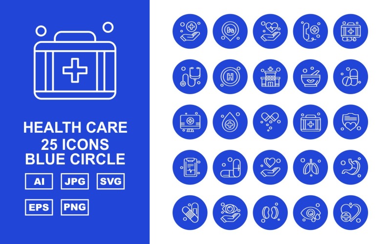 25 Premium Health Care Blue Circle Icon Set