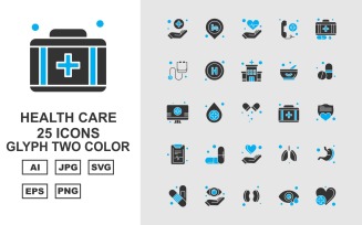 25 Premium Health Care Glyph Two Color Icon Set