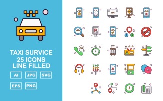 25 Premium Taxi Survice Line Filled Icon Set