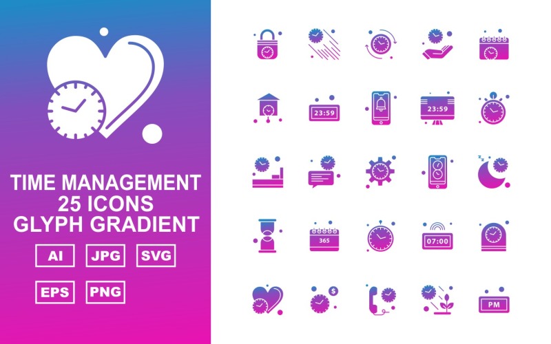 25 Premium Time Management Glyph Gradient Icon Set