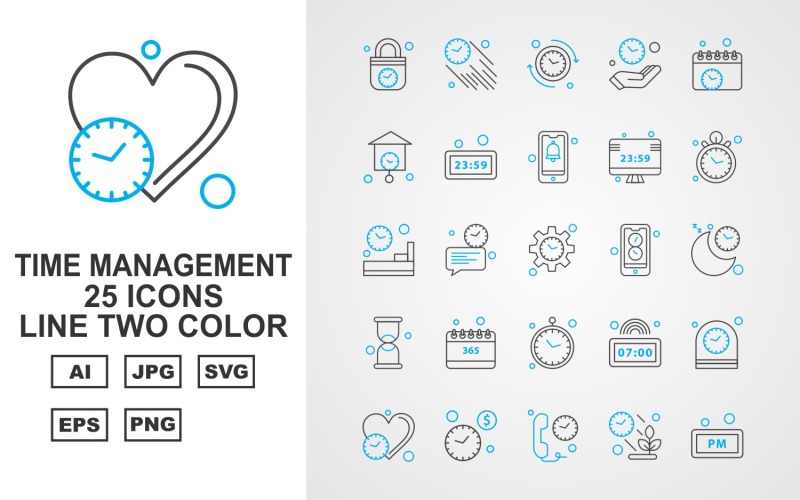 25 Premium Time Management Line Two Color Icon Set