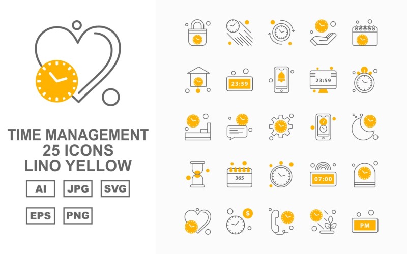 25 Premium Time Management Lino Yellow Icon Set
