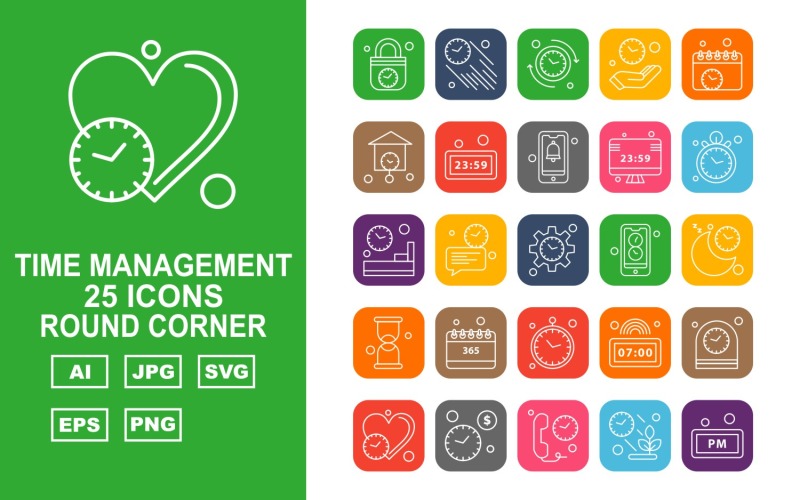 25 Premium Time Management Round Corner Icon Set