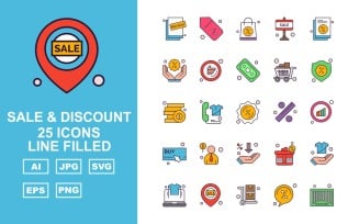 25 Premium Sale & Discount Line Filled Icon Set