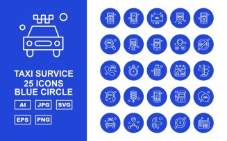 25 Premium Taxi Survice Blue Circle Icon Set