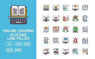 25 Premium Online Learning Line Filled Icon Set