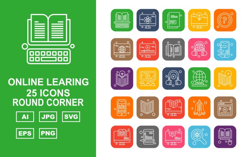 25 Premium Online Learning Round Corner Icon Set