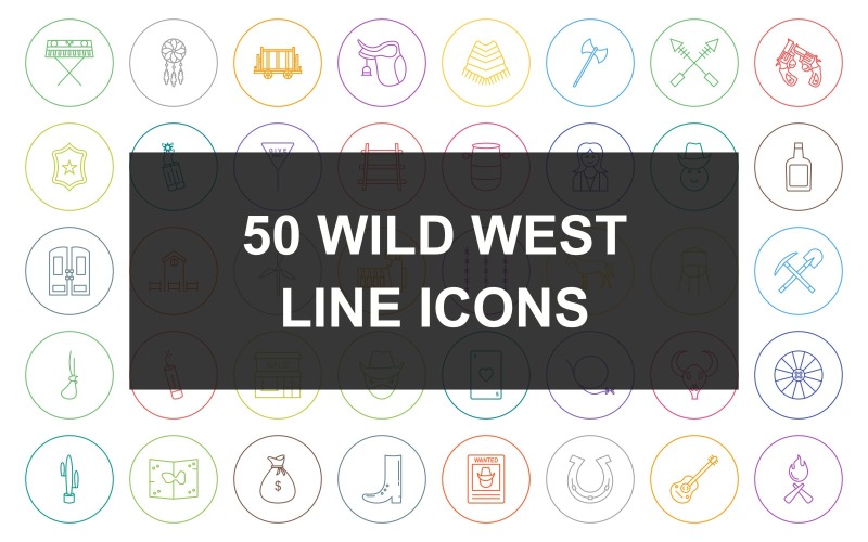 50 Wild West Line Round Circle Icon Set