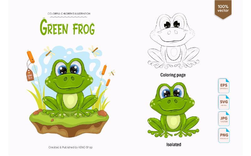 Cute Cartoon Frog, Coloring Page, Isolated - Vector Image Vector Graphic