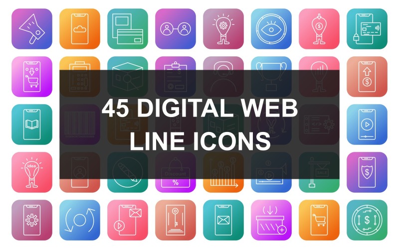 45 Digital Web Line Square Round Gradient Icon Set