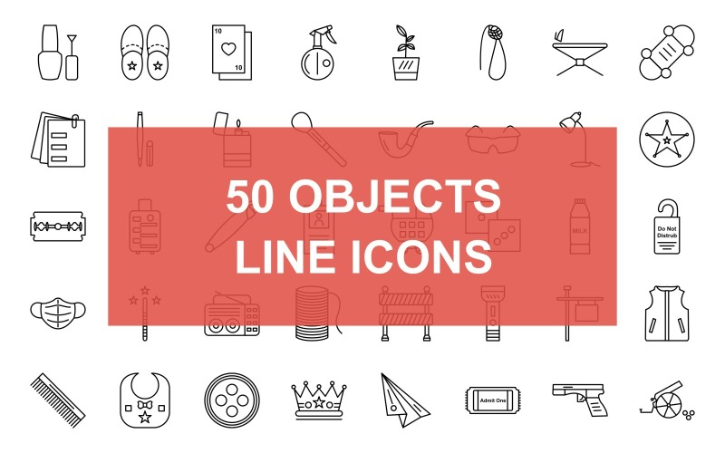 50 Objects Line Black Icon Set