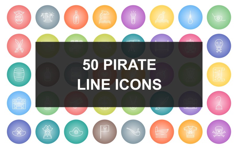 50 Pirate Line Round Gradient Icon Set