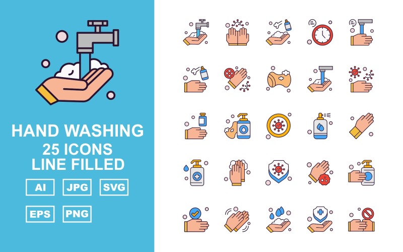 1 - 25 Premium Hand Washing Line Filled Icon Set