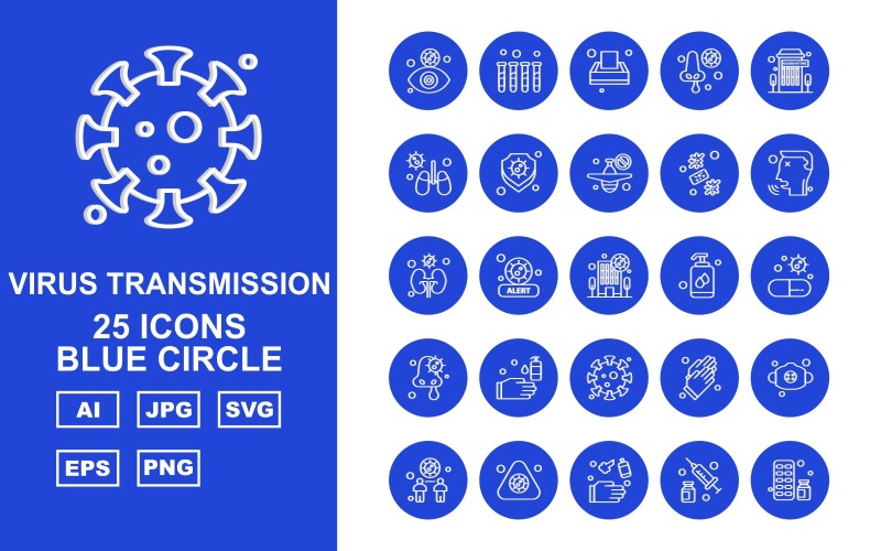 25 Premium Virus Transmission Blue Circle Iconset Icon Set