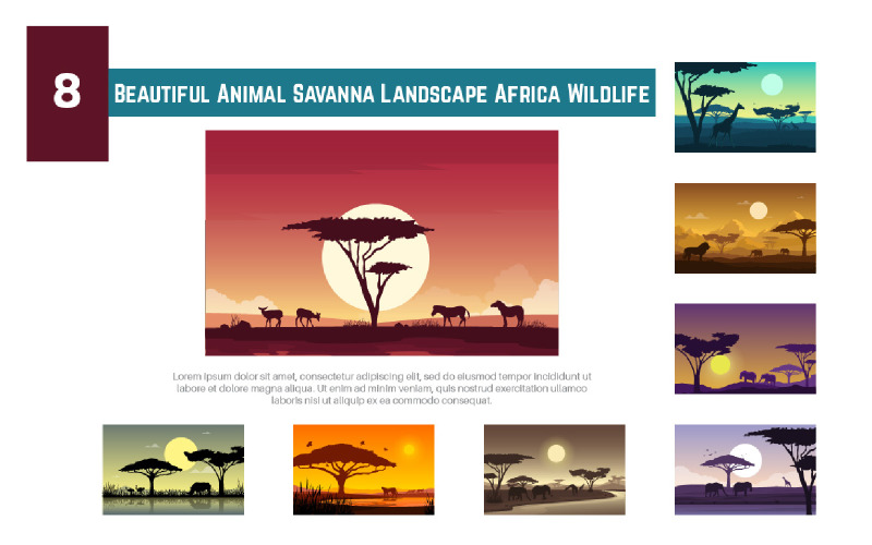 8 Beautiful Animal Savanna Landscape Africa Wildlife Illustration