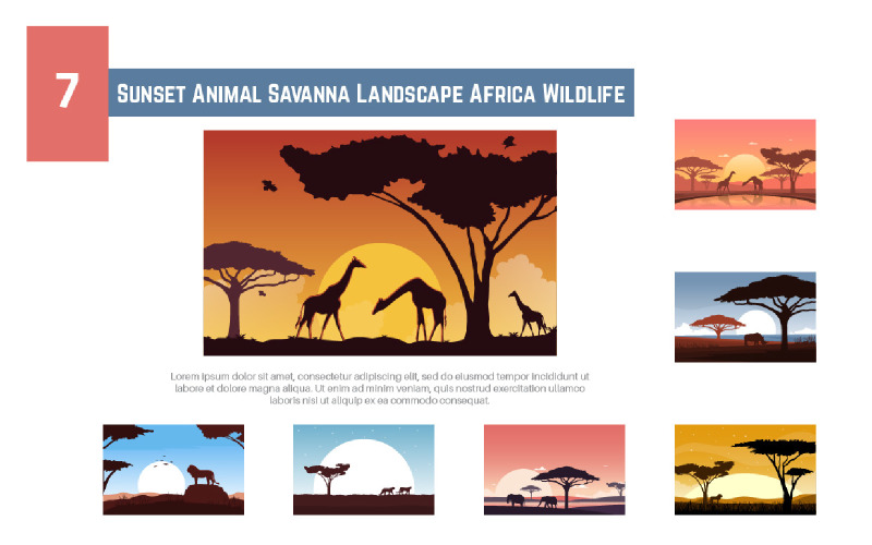 7 Sunset Animal Savanna Landscape Africa Wildlife Illustration