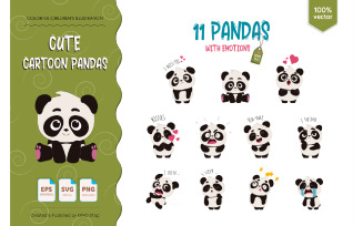 11 Cute Cartoon Pandas. T-Shirt, PNG, SVG. Vector