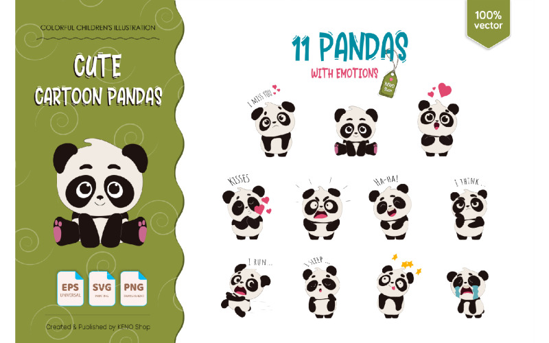 11 Cute Cartoon Pandas. T-Shirt, PNG, SVG. Vector Vector Graphic