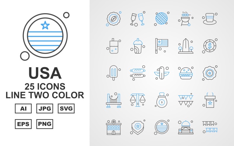 25 Premium USA Line Two Color Icon Pack Icon Set