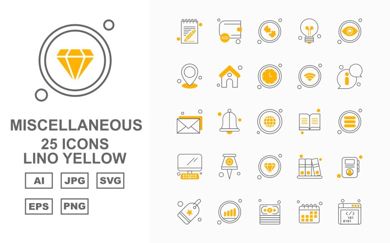 25 Premium Miscellaneous Lino Yellow Icon Pack Icon Set