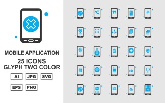 25 Premium Mobile Application Glyph Two Color Icon Pack