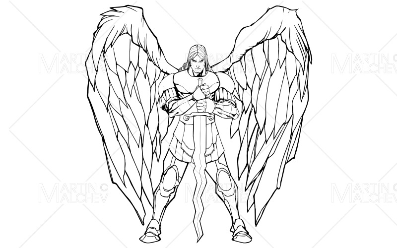 Archangel Michael Standing Line Art Illustration