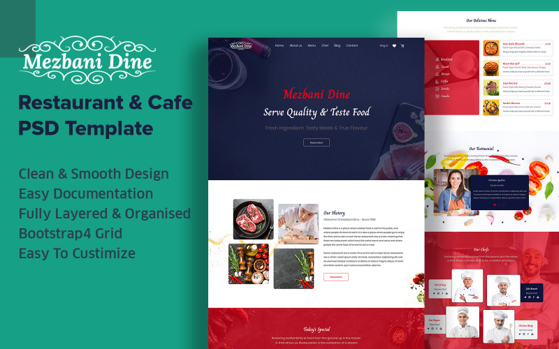 Mezbani Dine - Restaurant and Cafe PSD Web Template PSD Template