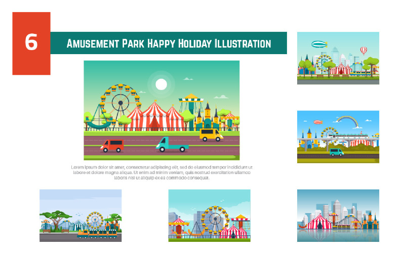6 Amusement Park Happy Holiday Illustration