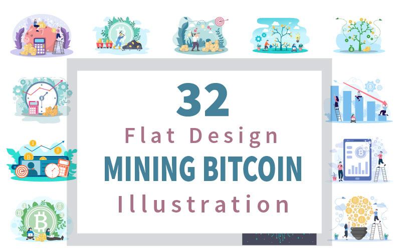32 Mining Bitcoin Cryptocurrency Flat Design Illustration