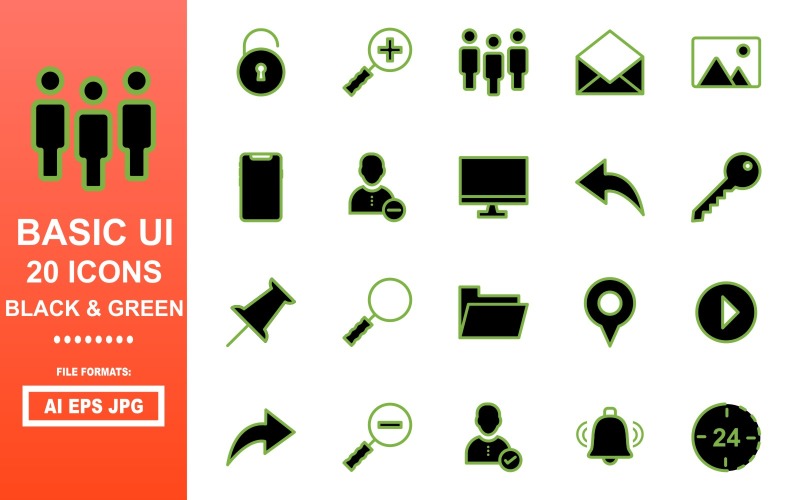 20 Basic UI Black & Green Icon Pack Icon Set