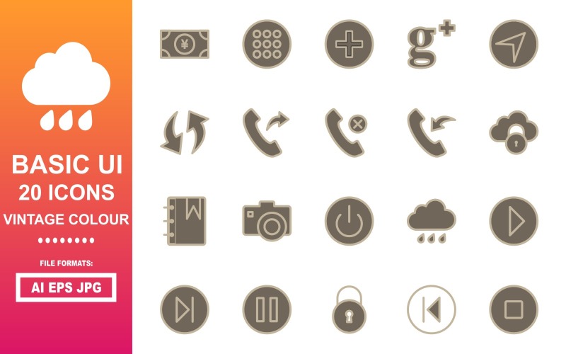20 Basic UI Vintage Colour Icon Pack Icon Set