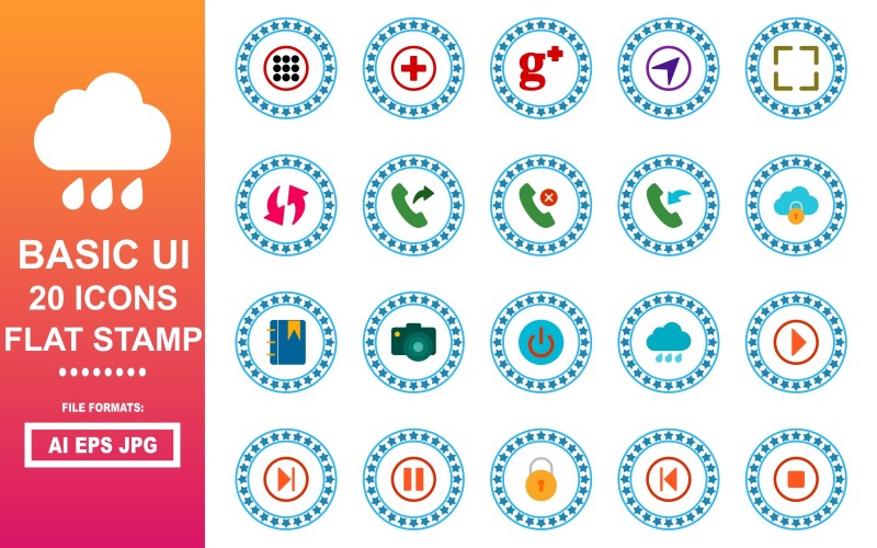 20 Basic UI Flat Stamp Icon Pack Icon Set