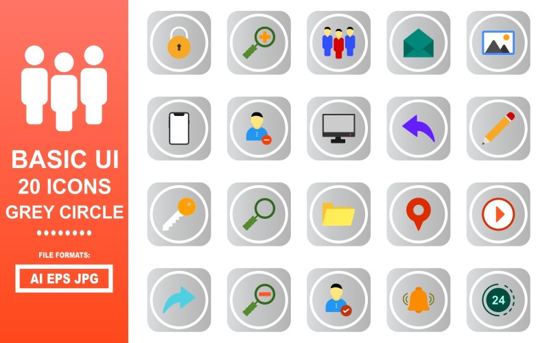 20 Basic UI Grey Circle Icon Pack Icon Set