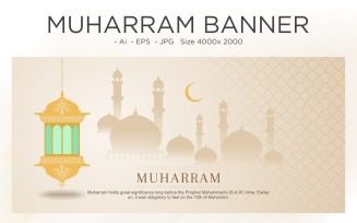 Muslim Islamic New Year Festival Banner Mosque and Lanterns - Illustration