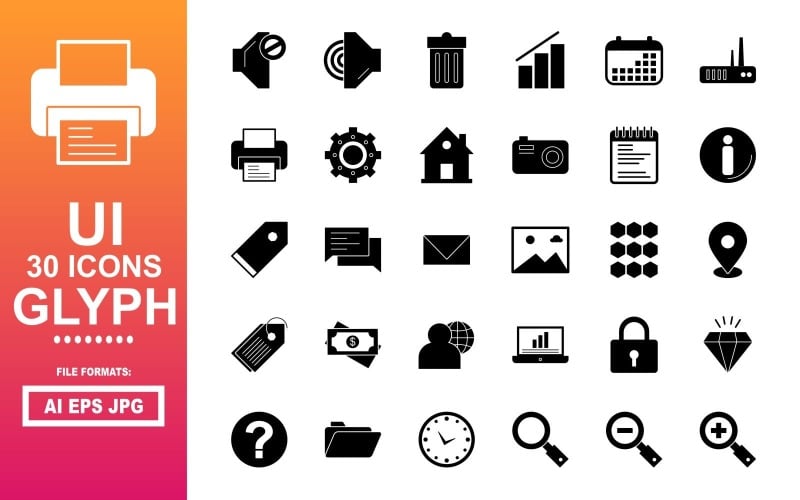 30 User Interface UI Glyph Icon Pack Icon Set