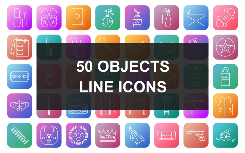 50 Objects Line Square Round Gradient Icons Icon Set