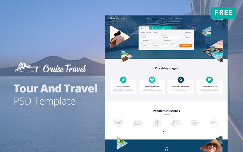CruiseTravel - Free Tour And Travel Website Design PSD PSD Template