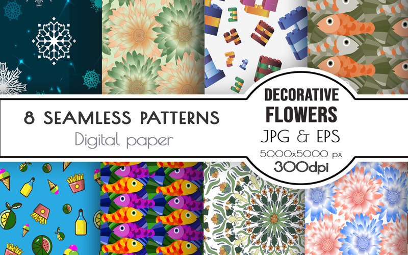 Seamless backgrounds. Flowers, numbers, food, snowflakes, fish. Pattern
