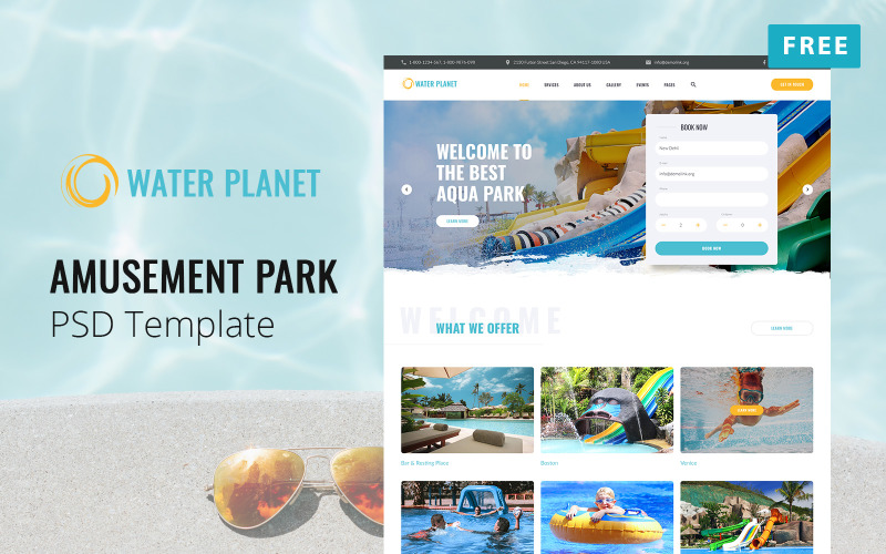 Water Planet - Free Amusement Park Website PSD Template