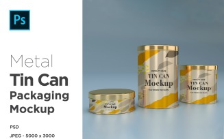 Three Round Tall Tin Can Packaging Mockup