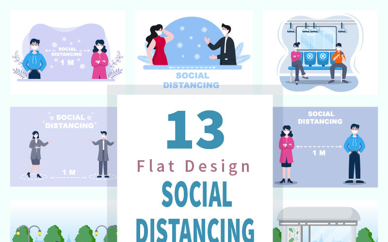 13 Social Distancing to Prevent Disease Flat Design Illustration