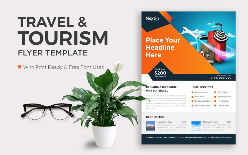 Travel Flyer Corporate Design with Contact and Venue Details. Corporate Identity