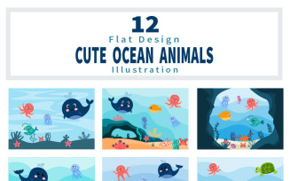 12 Cute Ocean Animals Underwater Background Flat Illustration