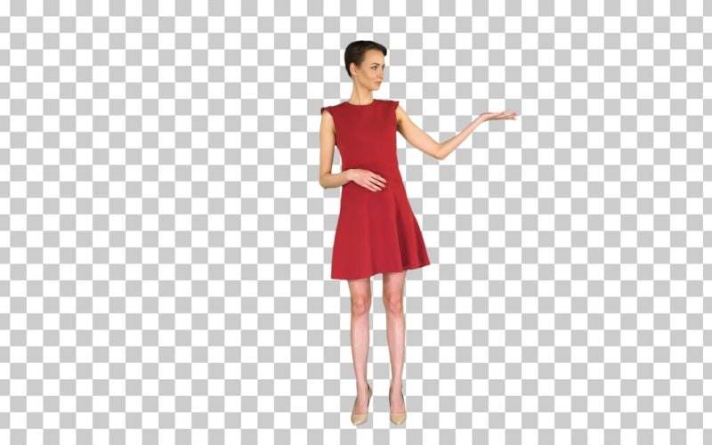 Model Woman In Red Dress Presenting Stock Video