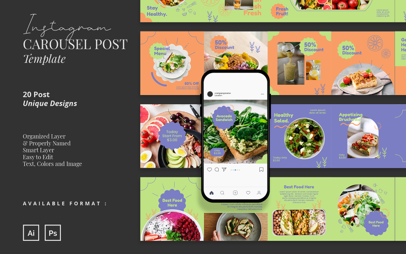 Healthy Food Carousel Instagram Post Template Social Media
