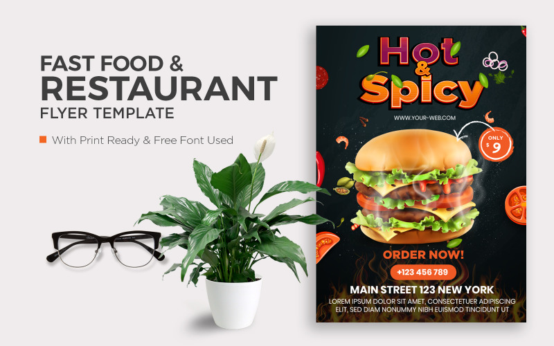 Hot and Spicy Burger Flyer Template Design Corporate Identity