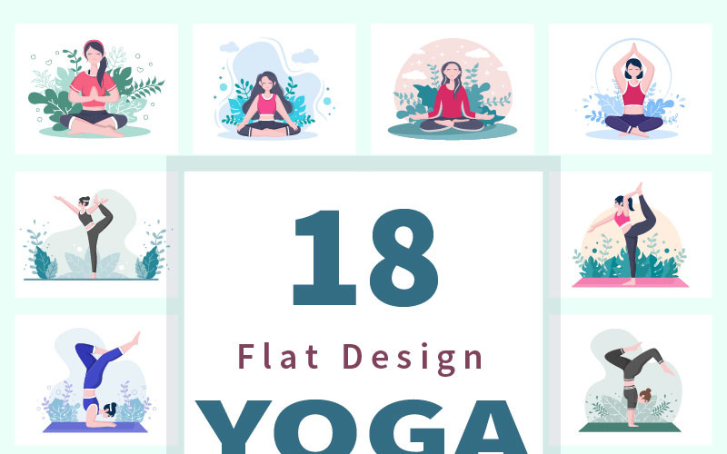 18 Yoga or Meditation Flat Design Vector Illustration