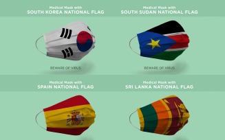 Medical Mask with South Korea Sudan Spain National Flags Product Mockup