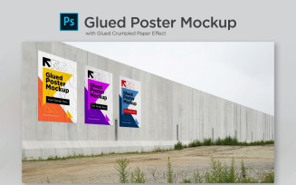Poster Mockup with Three Glued poster Crumpled Paper Effect Product Mockup