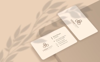 Beige Color Business Card Mockup at Leaves Shadow Product Mockup